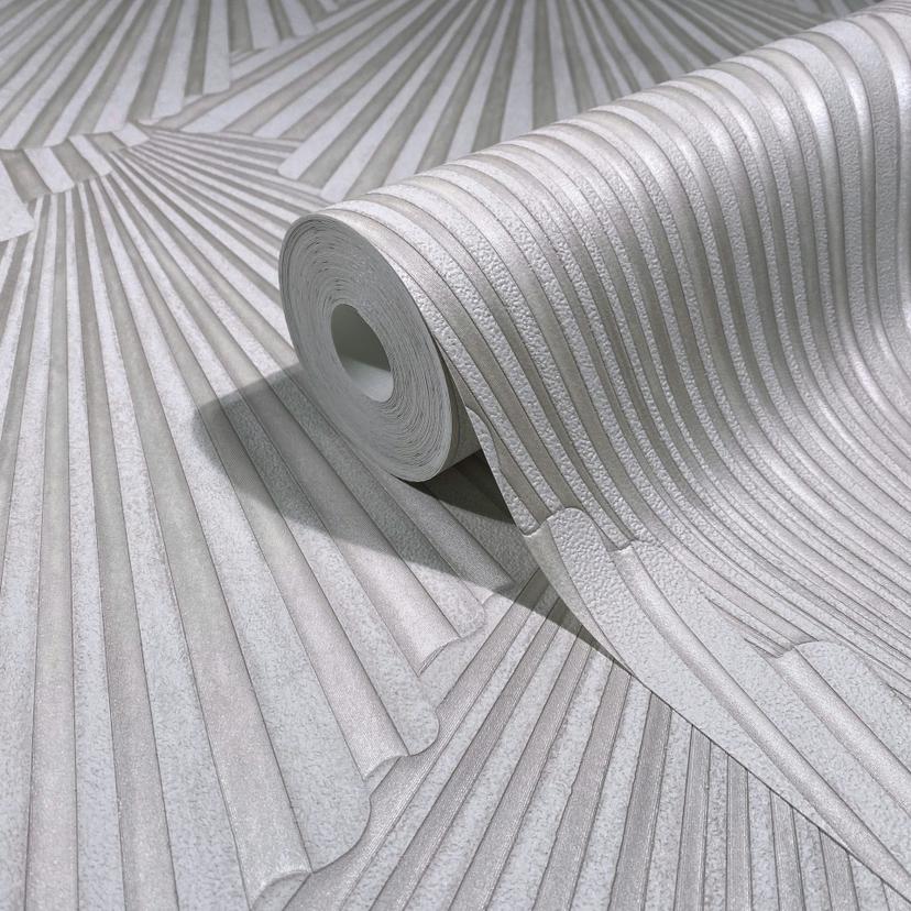 Papel pintado no tejido aspecto 3D, rayas gráfico geométrico en beige