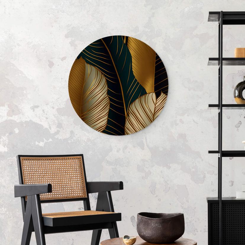 Stampa su legno foglie di palma color oro astratte - rotonda