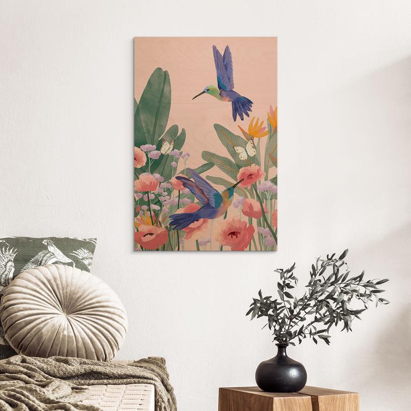 Stampa su legno della natura Due colibrì su un prato di fiori colorati - Goed Blauw
