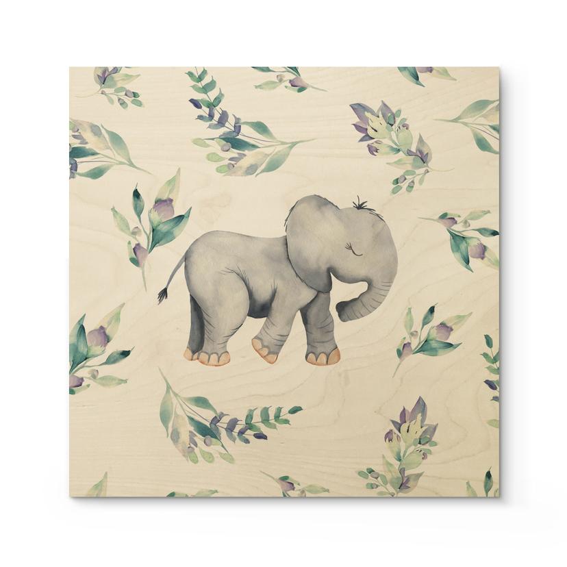 Cuadro de madera Lindo bebé elefante entre ramas boho - Diseños ONU - Cuadrado