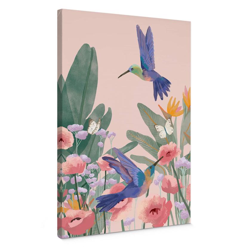 Canvasbillede To kolibrier på den farverige blomstereng - Goed Blauw