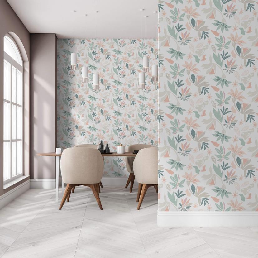 tapet, non-woven blomstertapet Flora hvid, grøn