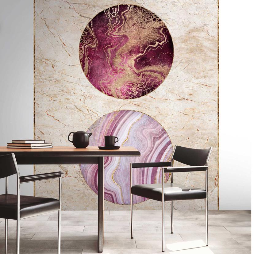 Papel pintado motivo marmol y circulos - Papel pintado tejido-no tejido rosa oro - Papel pintado salon moderno
