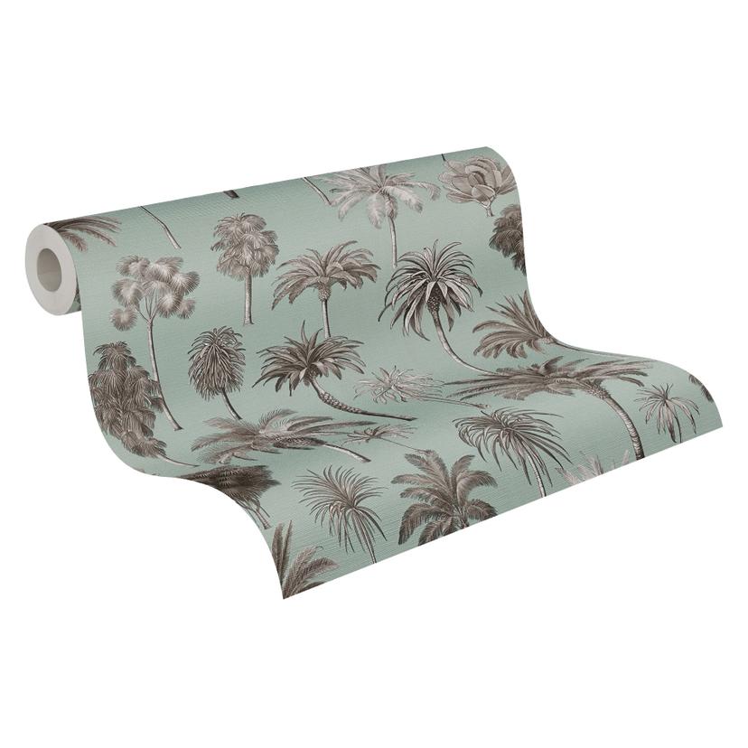 Papel pintado palmeras verde menta marrón - Papel pintado no tejido estilo retro ilustrado tropical