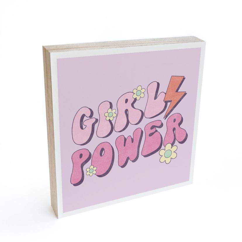 Billede af træ til at sætte op - Girl Power Retro lettering purple - 15x15 cm