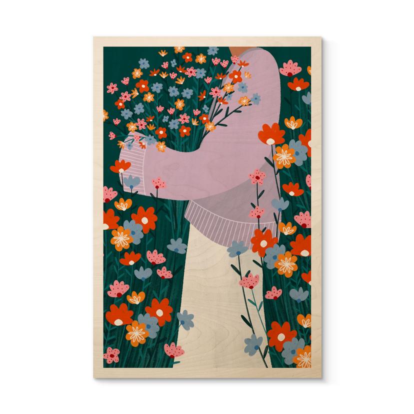 Cuadro de madera de una mujer en un colorido jardín de flores - Müller