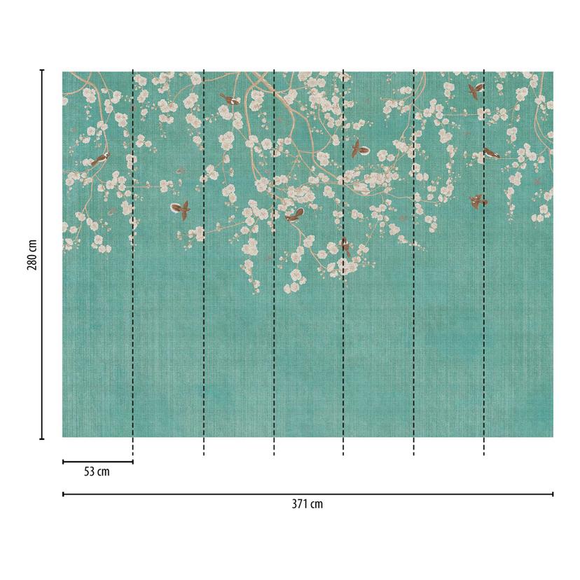 Körsbärsblommor turkos - Fototapet i non-woven med blommor och fåglar i prov