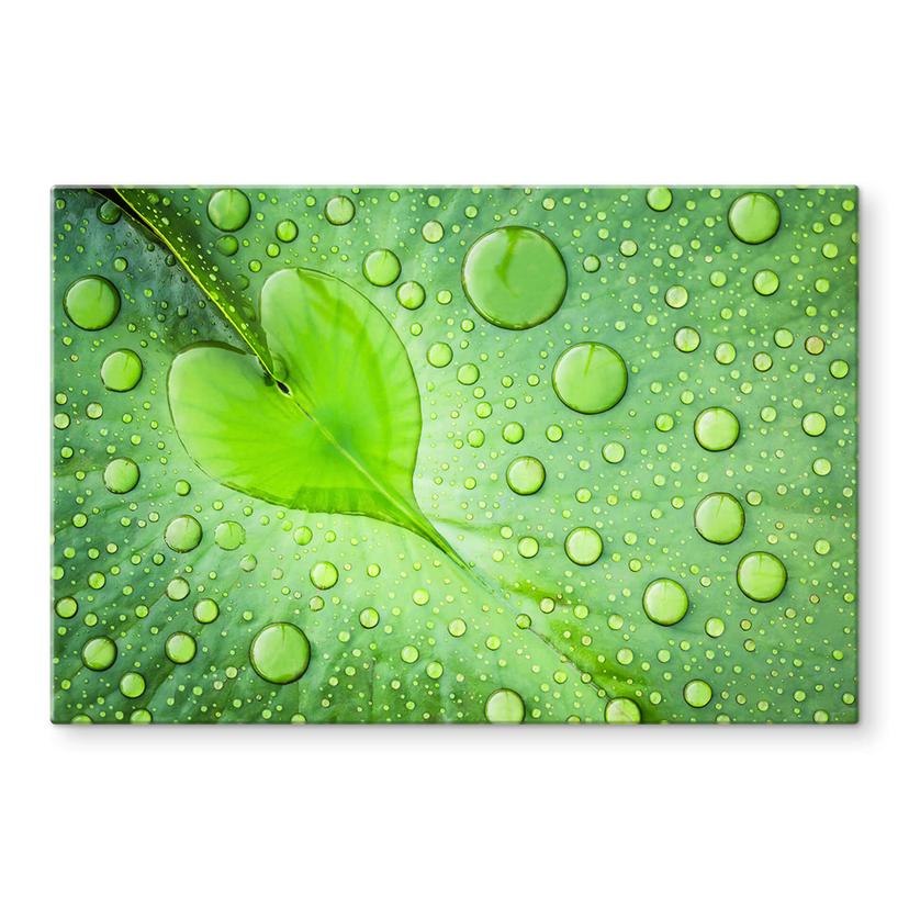 Tableau sur verre Foto - Cœur de goutte d'eau sur feuille verte