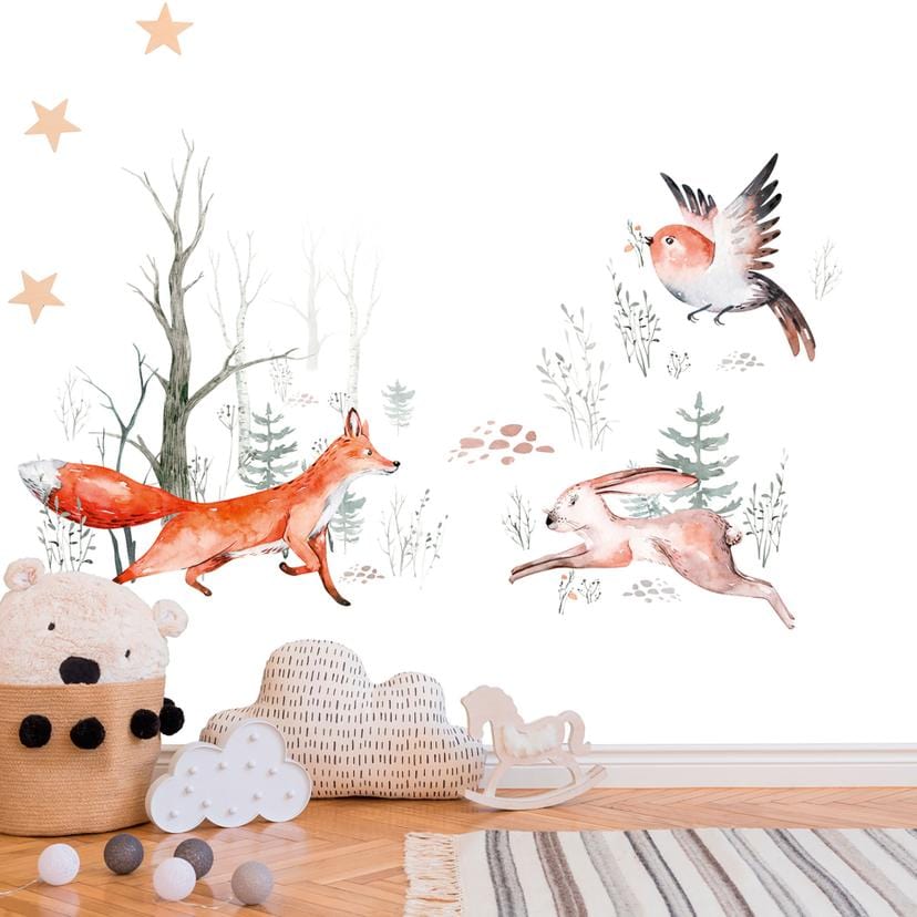 Børneværelse tapet ForestFriends hvid orange - non-woven tapet Designwalls 2 - 2,55 x 3,5 m