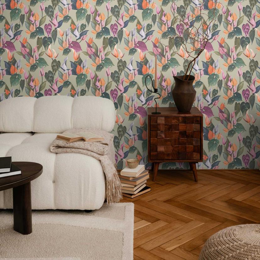 Blomstret tapet anthuriums farverig grøn beige - tropisk blomstermønster - Ikke-vævet tapet