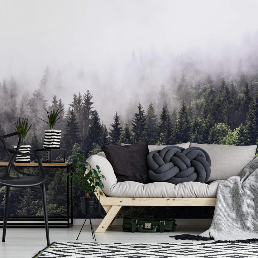 Fotobehang Papierbehang Mistig Bos - 366x254 cm