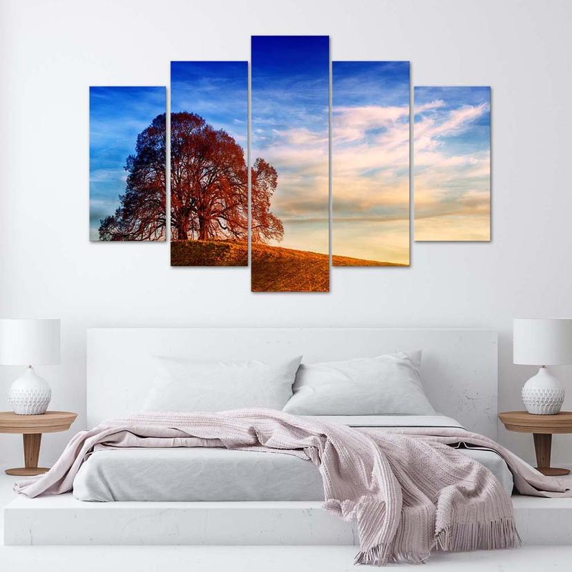 Stampa su tela 5 pezzi, paesaggio albero montagne