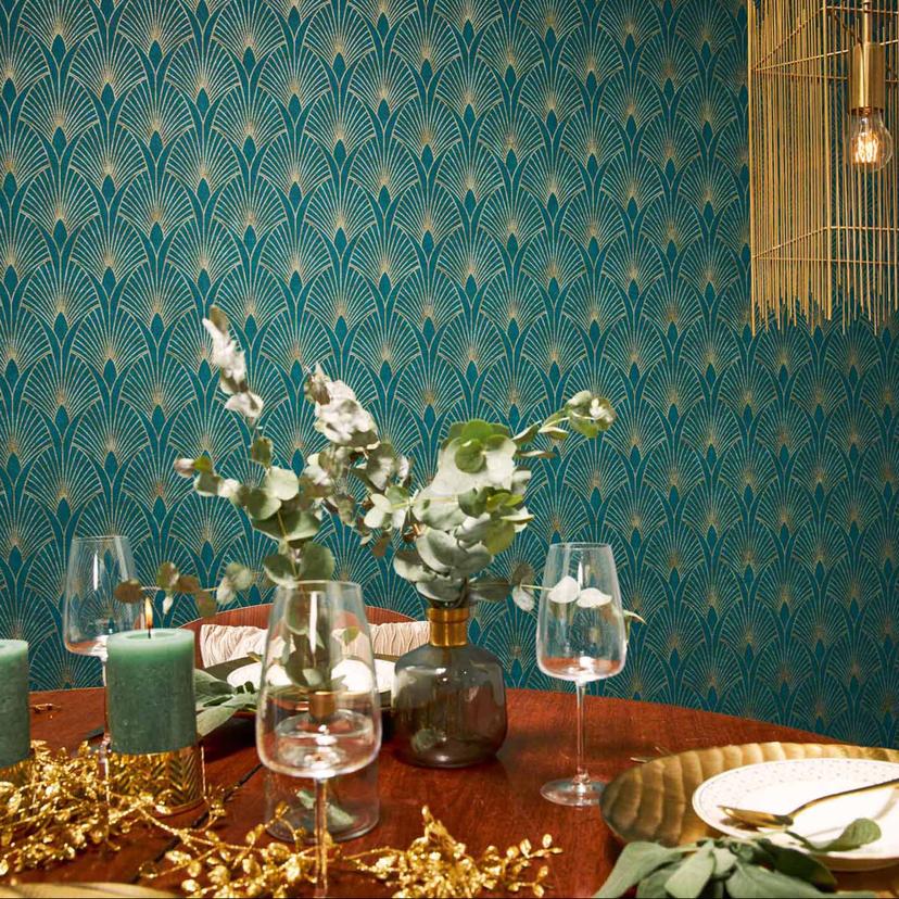 Livingwalls Fleecetapet, New Walls 50'er glam Art Deco Tapet Blå, Grøn, Metallic