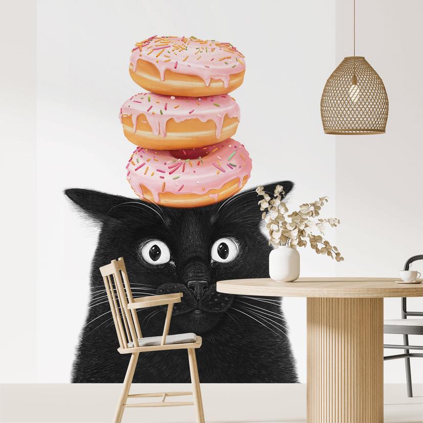 Fototapete Schwarze Katze mit pinken Donuts - Korenkova
