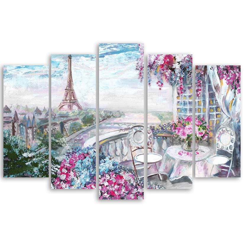 Stampa su tela 5 pezzi, Torre Eiffel di Parigi - Paesaggio - Pastello