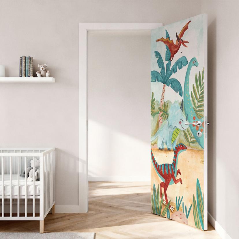 Vinilo para puerta de habitación infantil - Coloridos dinosaurios en el bosque primitivo - Bonne Mül