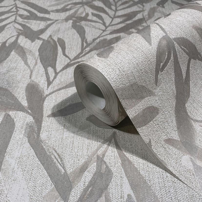 Papel pintado no tejido de color beige gris hojas aspecto vintage floral naturaleza