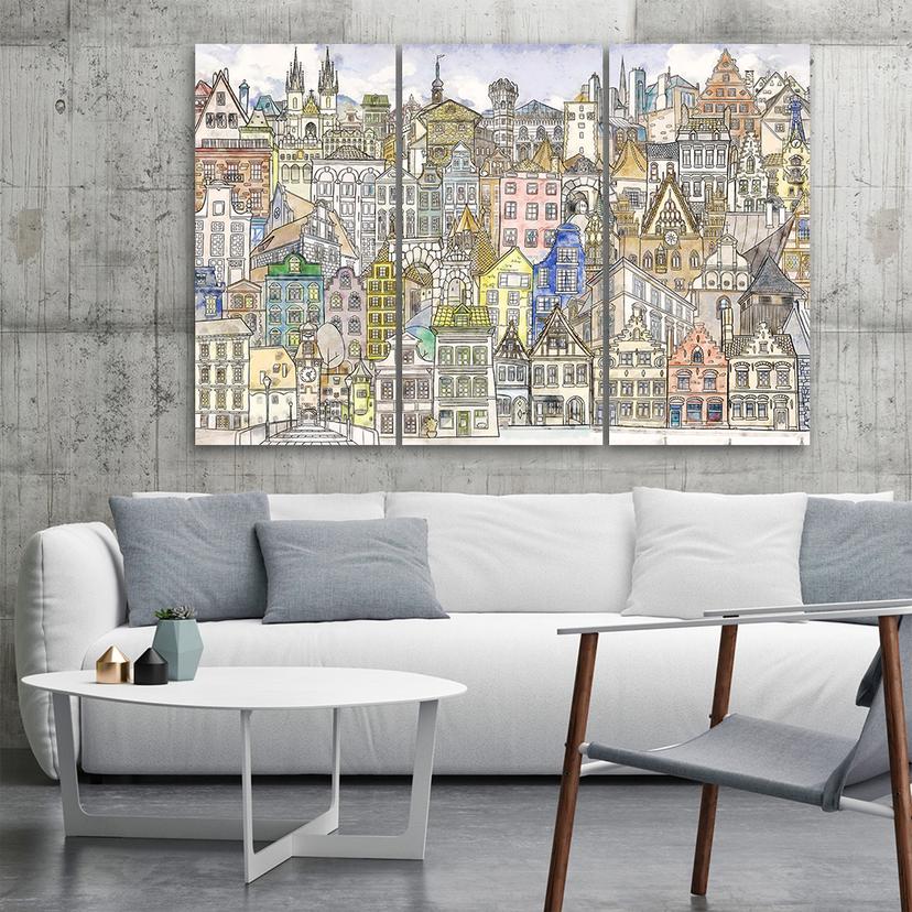 Stampa su tela 3 pezzi, Città felice