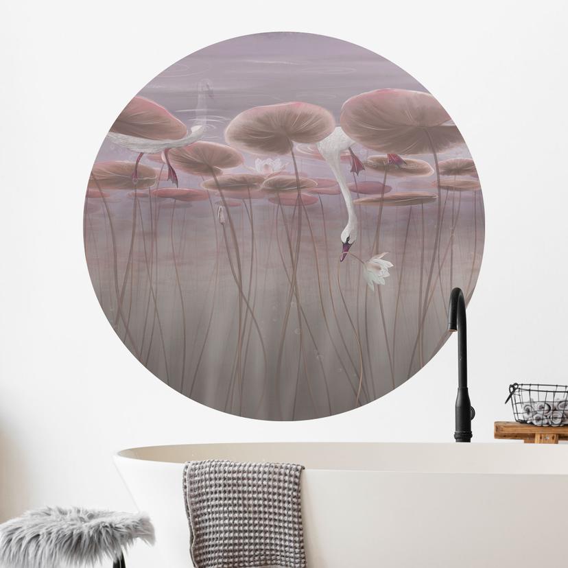 Muursticker lotusbloemen met zwaan in water in donkerroze - Ms Tiff - Rond