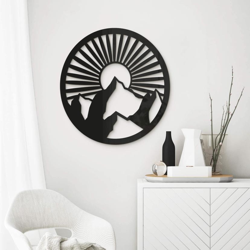Decoración acrílica paisaje de montaña al atardecer - redondo