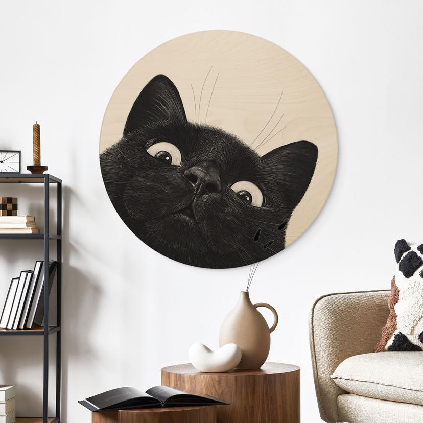 Houten wanddecoratie Grappige zwarte kat - Korenkova - Rond
