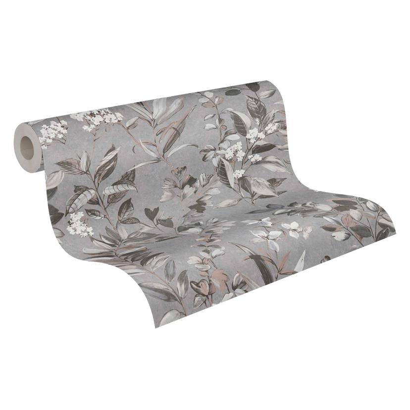 Papel pintado Floral con flores gris blanco - Papel pintado no tejido estilo acuarela floral