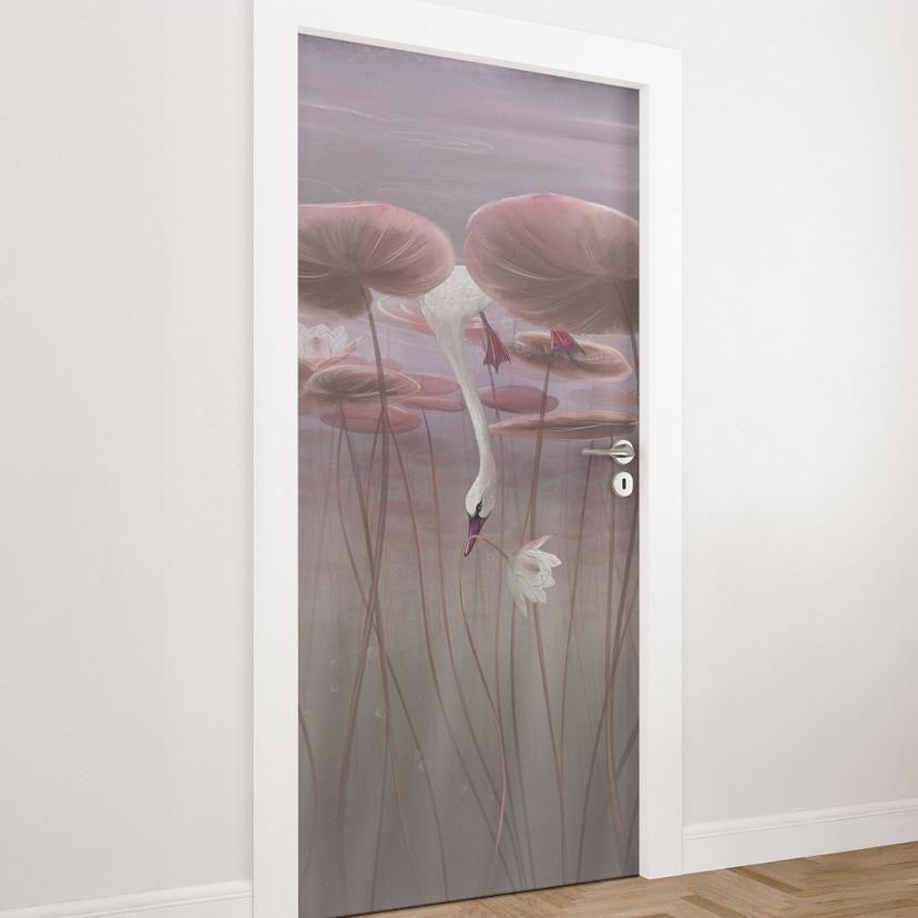 Deurfolie lotusbloemen met zwaan in water in donkerroze - Ms Tiff