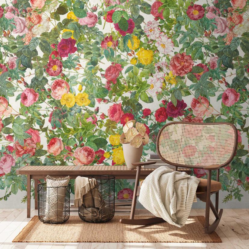 Blomstereng fototapet farverig grøn - nonwoven tapet med blomstermotiver - romantisk design