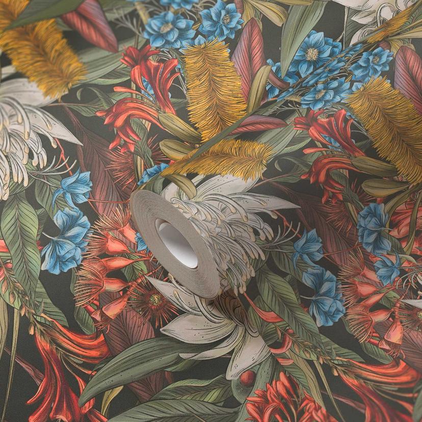 Papel pintado no tejido con Muestras negro verde - Papel pintado Flores grandes colorido