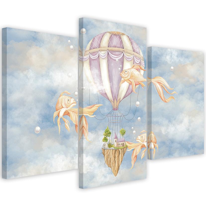 Lærred print 3 stykker, luftballon flyvehus og fisk