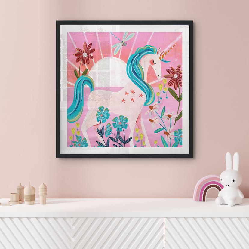 Póster Unicornio en un prado de flores de colores - Bonne Müller - Cuadrado