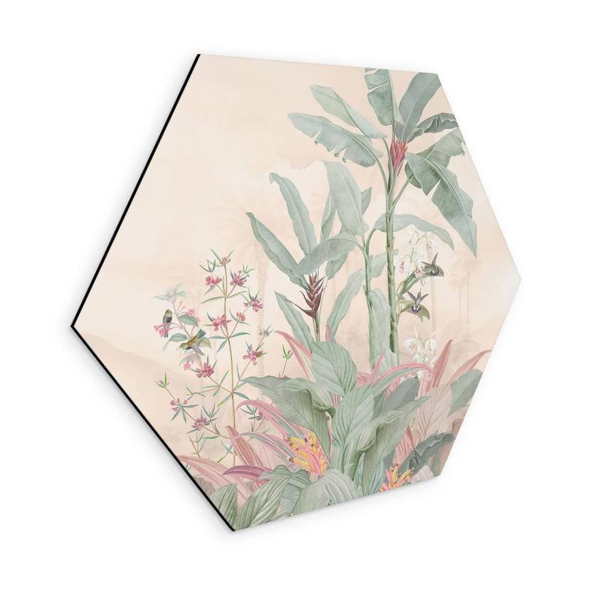Sekskantet billede Tropisk idyl med kolibri abrikos - Bloomery Decor - aluminium dibond