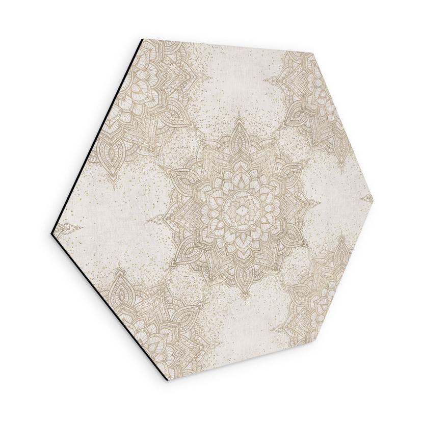 Sekskantet billede Elegant mandala i sandguld - Bloomery Decor - aluminium dibond