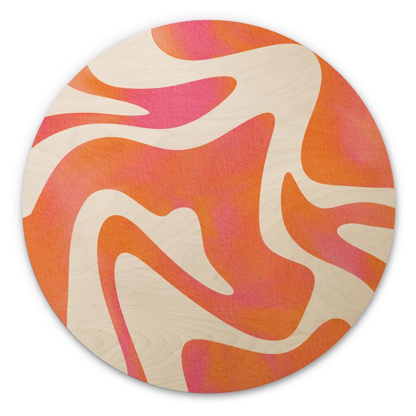 Cuadro de madera Ondas abstractas en naranja-rosa - Bloom - Redondo