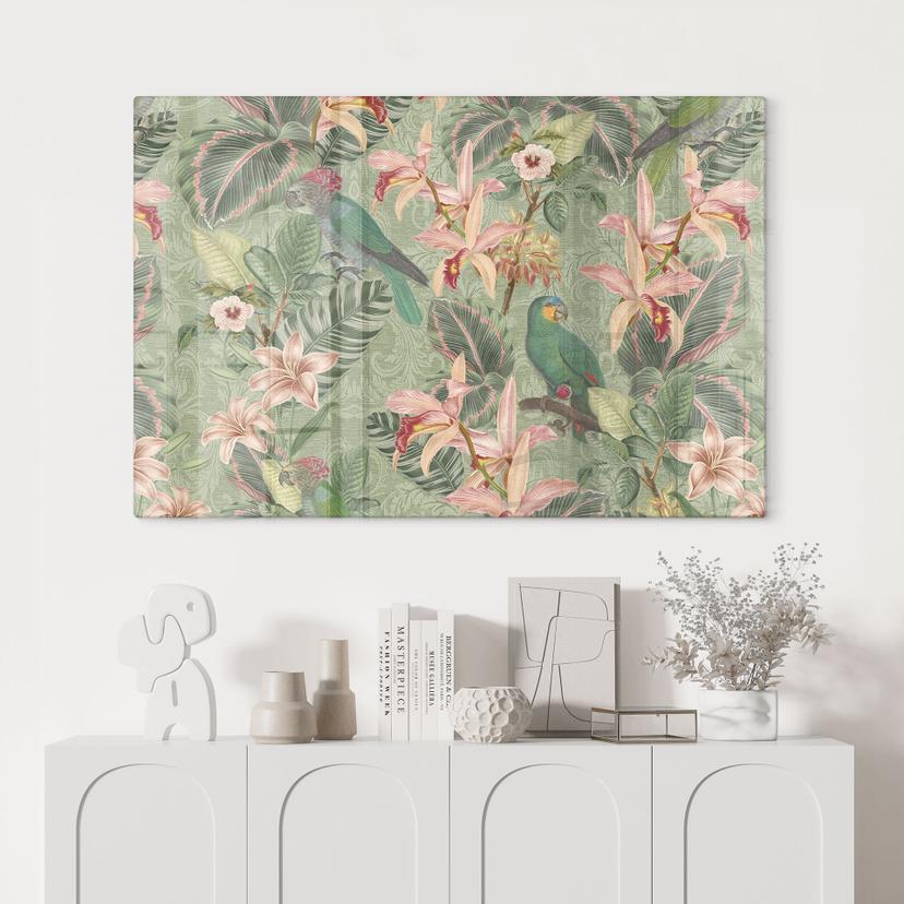 Stampa su vetro Jungle con pappagalli verdi - Bloomery Decor