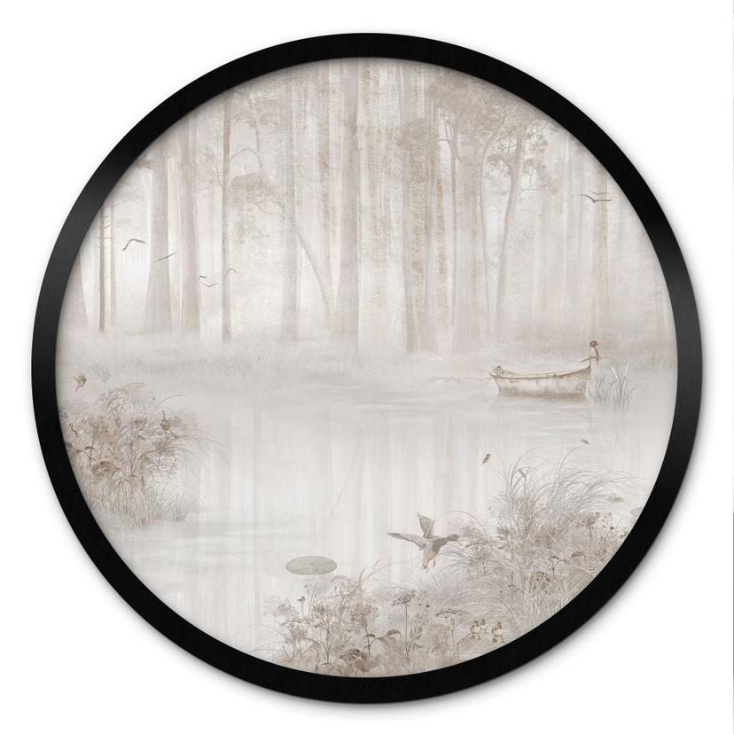 Poster Bos bij het meer in mist in beige - Ms Tiff - Rond