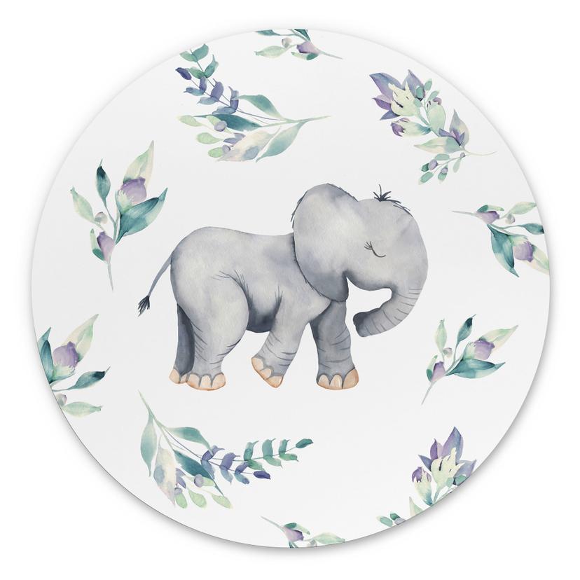 vægdekoration Sød babyelefant mellem boho-grene - UN Designs – print på aluminium