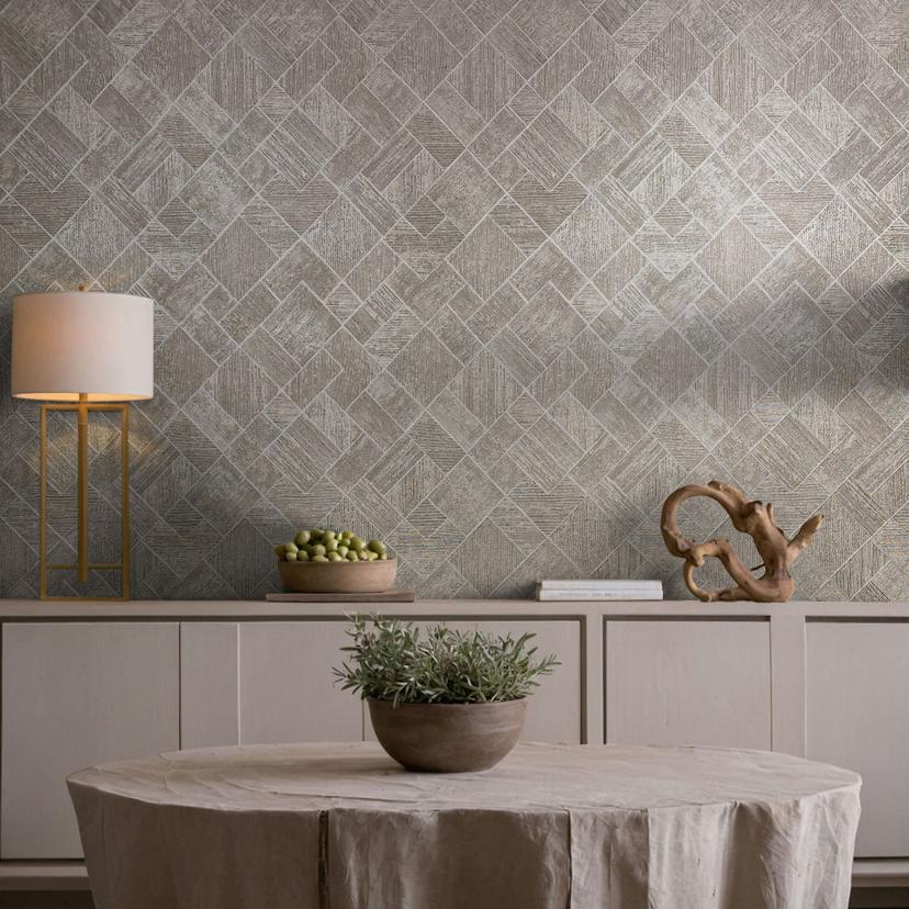 Non-woven tapet i grå, beige ternet, diamantmønster grafisk geometrisk