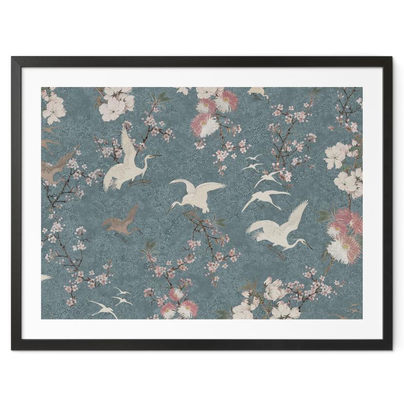 Kraner på plakat i kirsebærblomstrende blå - Bloomery Decor