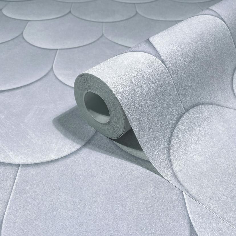 Non-woven tapet i gråblå 3D-look skalor vintage begagnad look geometrisk