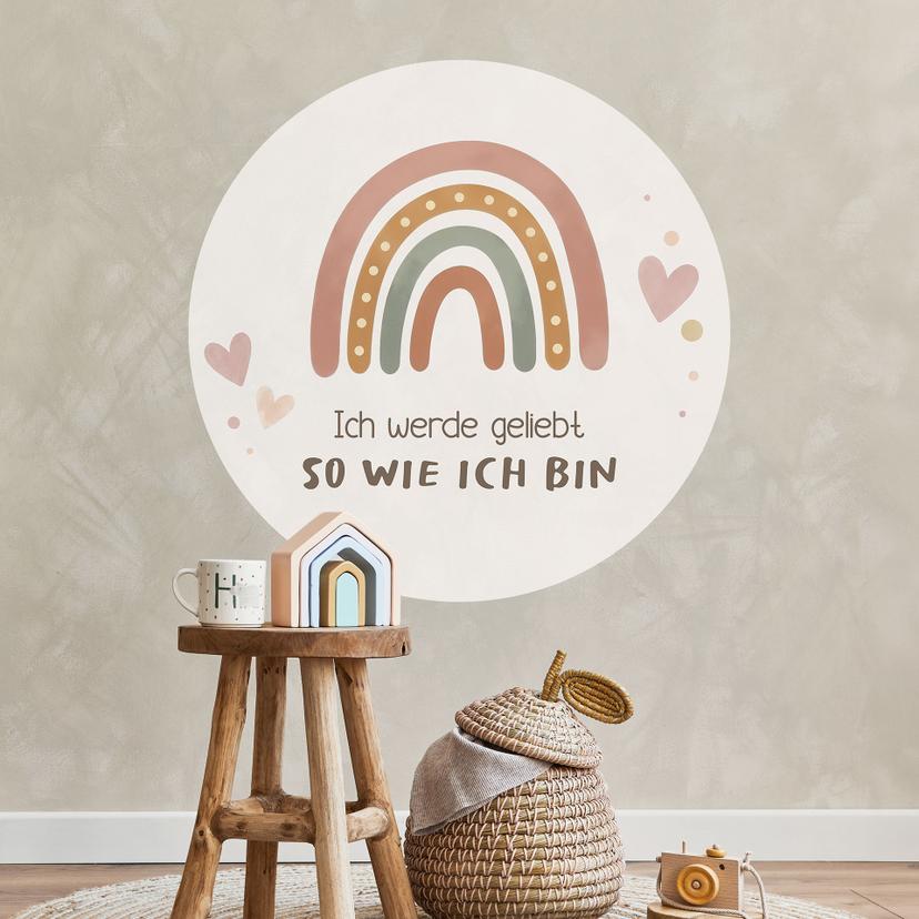 Rundes Wandtattoo mit Boho-Regenbogen - Kraftsatz 'Ich werde geliebt' fürs Kinderzimmer