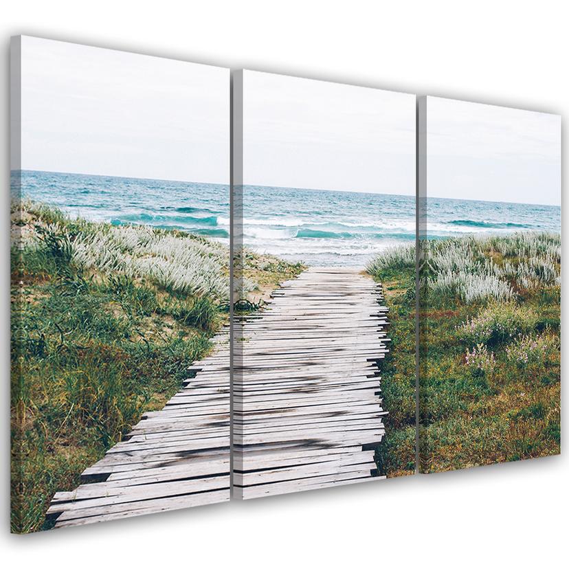 Impression sur toile en 3 parties, plage, mer, dunes, herbe