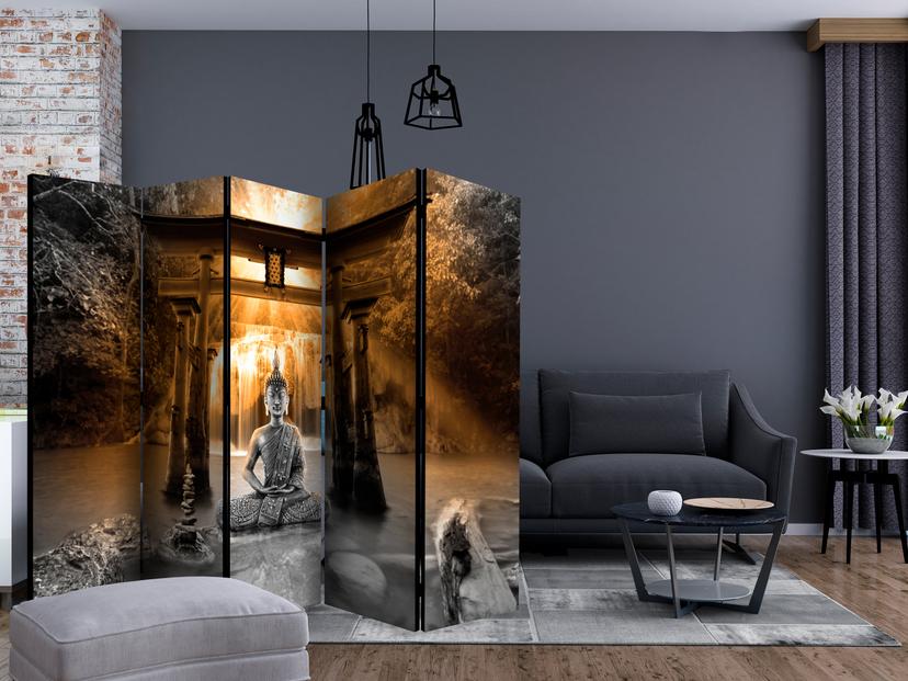 Schermo divisorio - Buddha smile (arancione) , 5 pezzi - 225x172 cm