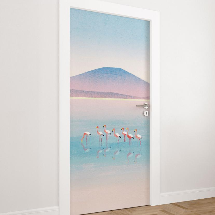 Film adhésif pour porte Lac aux couleurs pastel avec flamants roses - Rivers