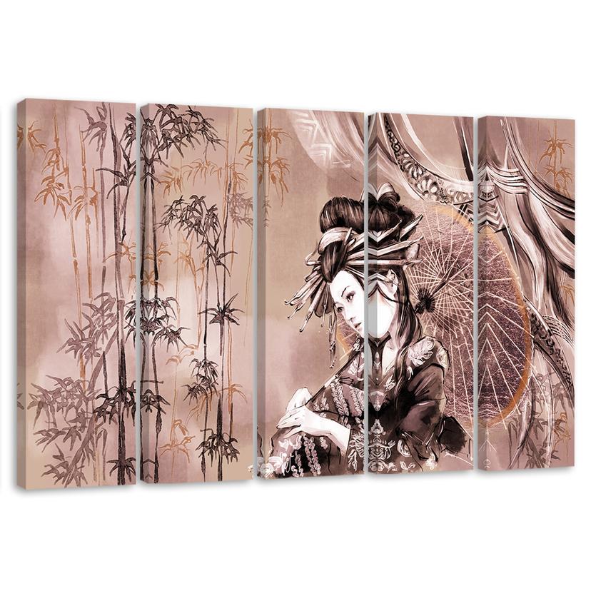 Lærred print 5 dele, geisha og bambus