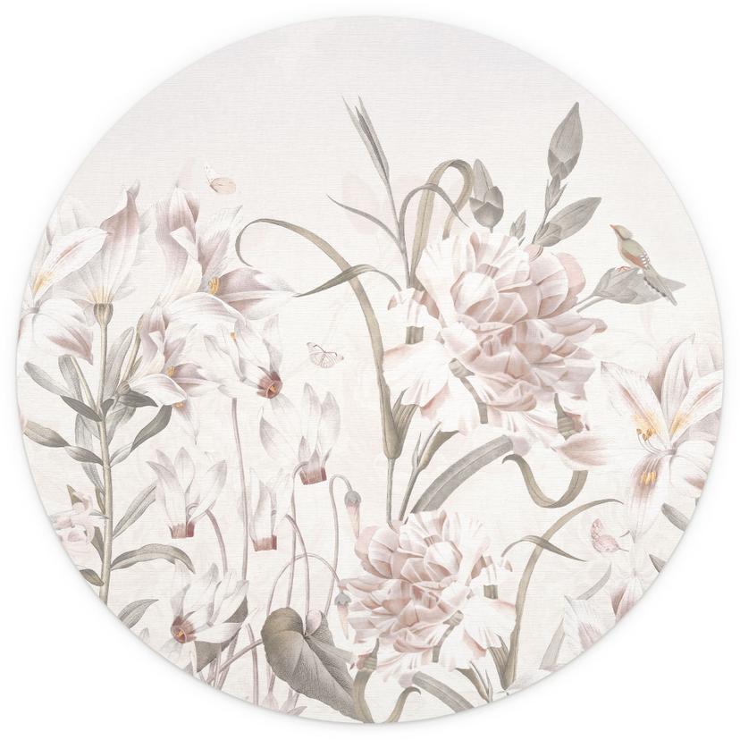 Fototapet med blommig äng i ljusrosa - Bloomery Decor - Rund - självhäftande/icke-vävd