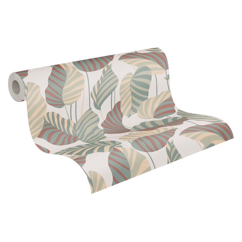 Papel pintado plantas hojas blanco verde naranja rojo - papel pintado no tejido moderno