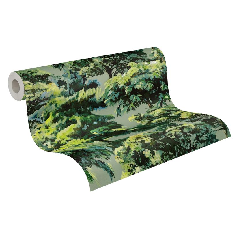 Papel pintado no tejido con árboles impresionistas en tonos verdes sobre fondo verde