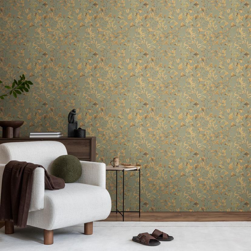 Blommig tapet ginkgo blad grön gul - naturmotiv med kvistar - Icke-vävd tapet modern