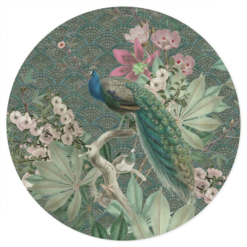 Pavone in giardino tropicale - Adesivo murale su mosaico - Bloomery Decor - Rotondo